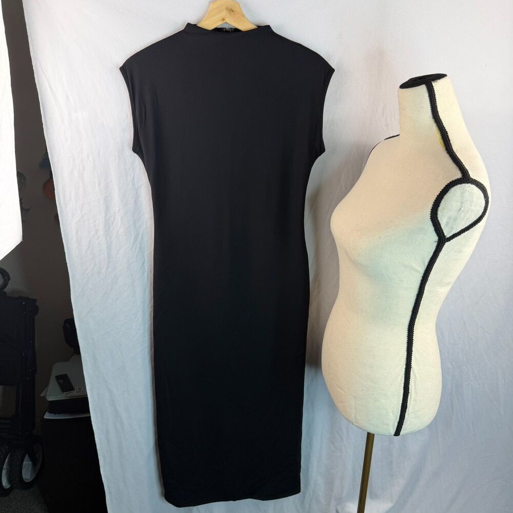 Open Edit Black Bodycon High Neck Cap Sleeve Stretchy Minimalist Midi Dress S - Picture 6 of 8